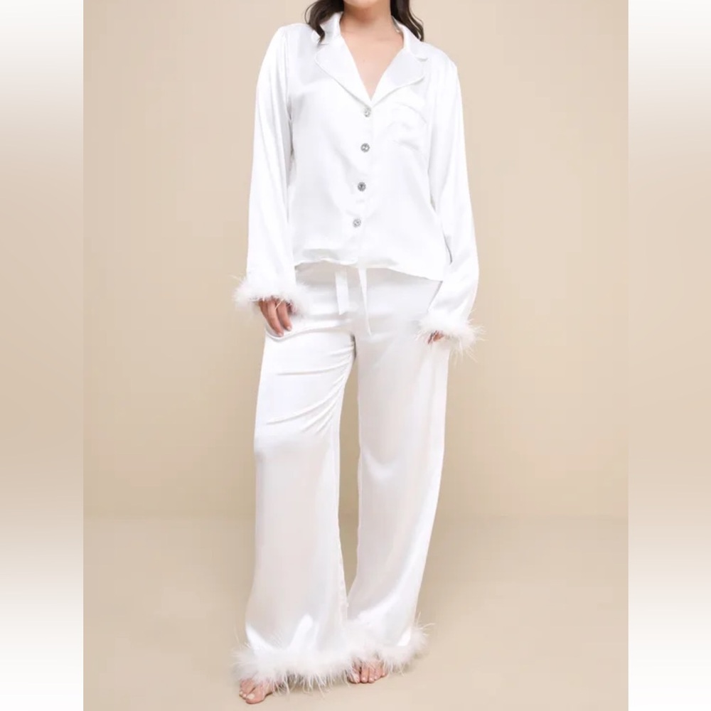 Lulus size small satin feather trim pajama set